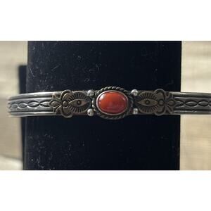 Signed- Albert Jake Navajo Vintage Coral Sterling Silver Cuff